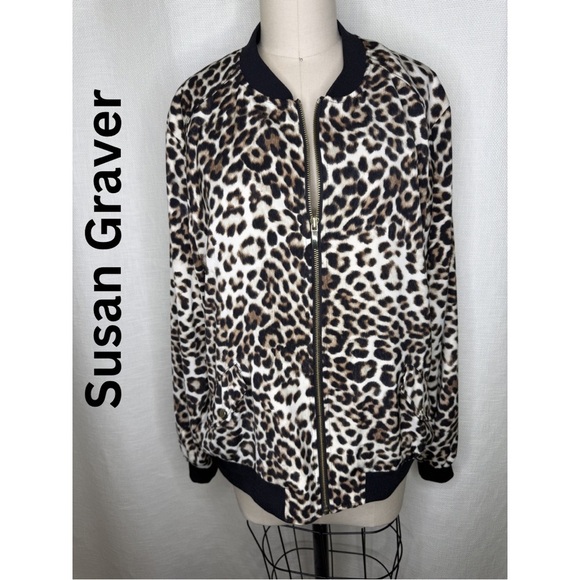 Susan Graver Jackets & Blazers - Susan Graver Leopard Print Bomber Jacket Size L Zip Animal Print Chic